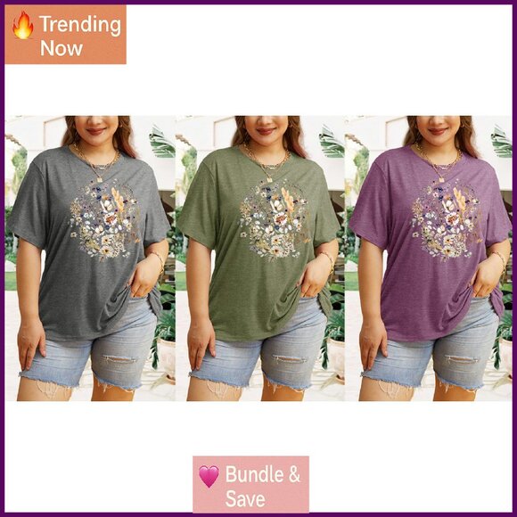 Plus Size Short Sleeve T-Shirt Kindness Flowers Print Pullover Tunic Polyester - Picture 7 of 8